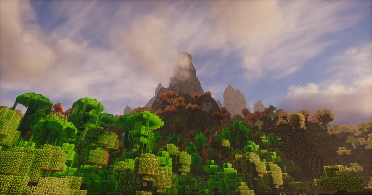 Jungle canopy below a misty mountain peak