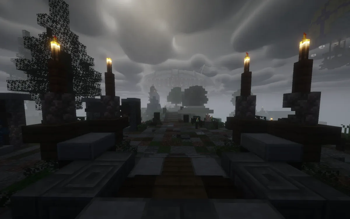 Candle-lit hub lobby path under a stormy sky