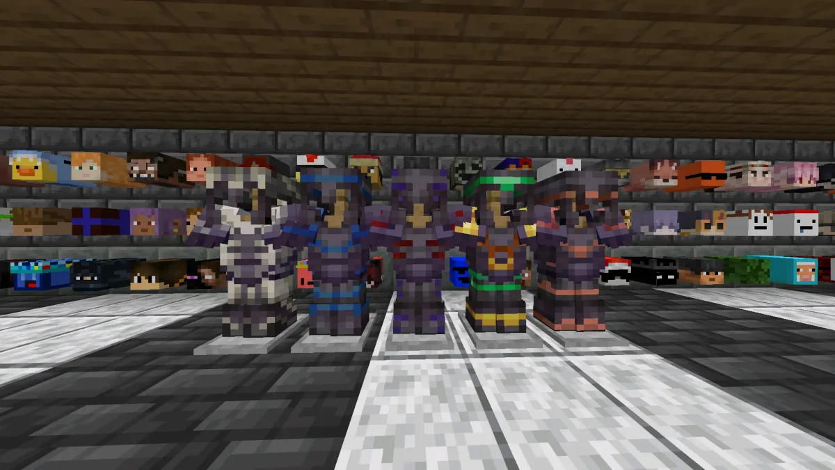 Five armour stands in netherite armour in front of a wall of player heads
