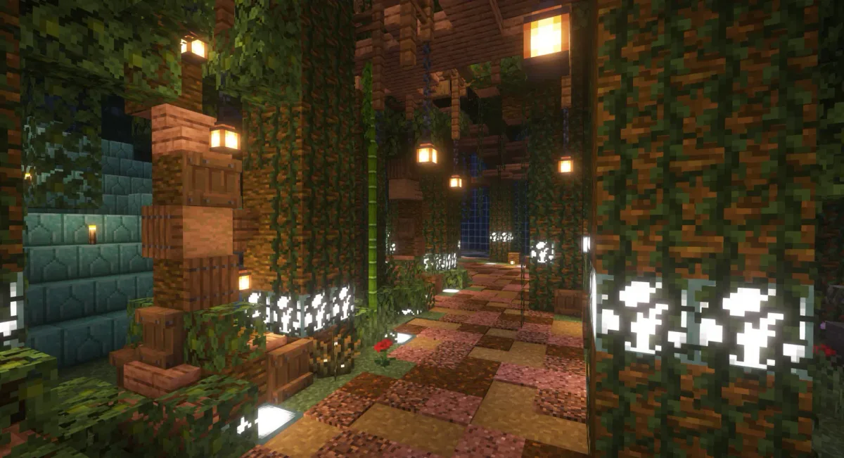 Jungle corridor with lanterns and vines