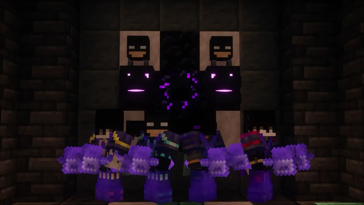 Four players raising maces in front of a pair of enderman statues