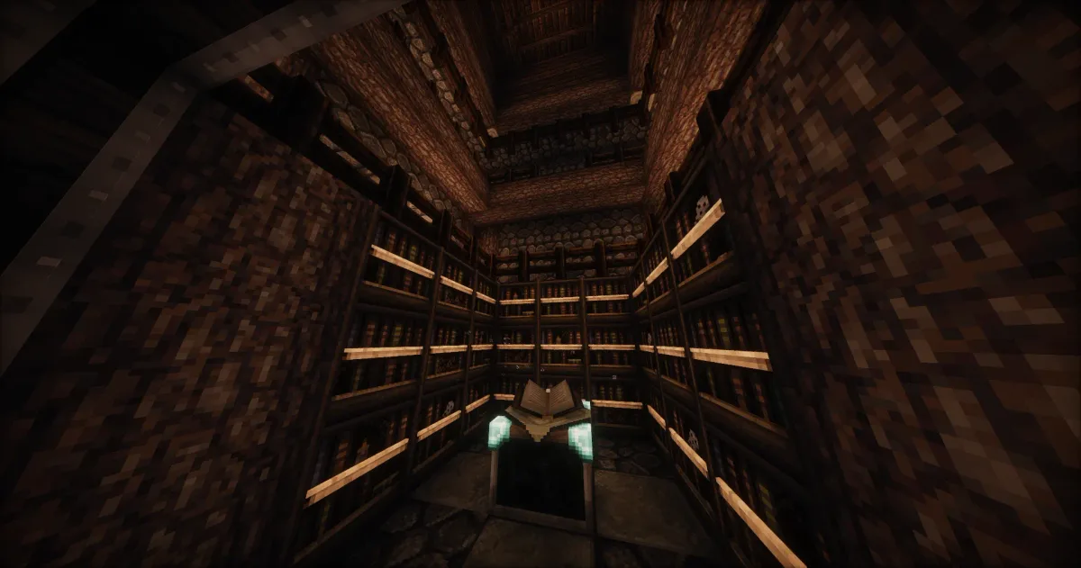 Dark wood library interior with enchanting table
