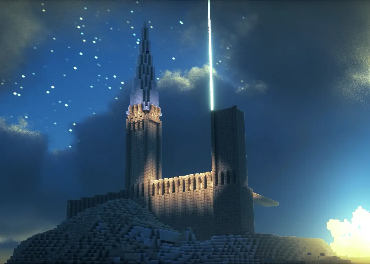 Sandstone castle at night with a beacon beam and stars