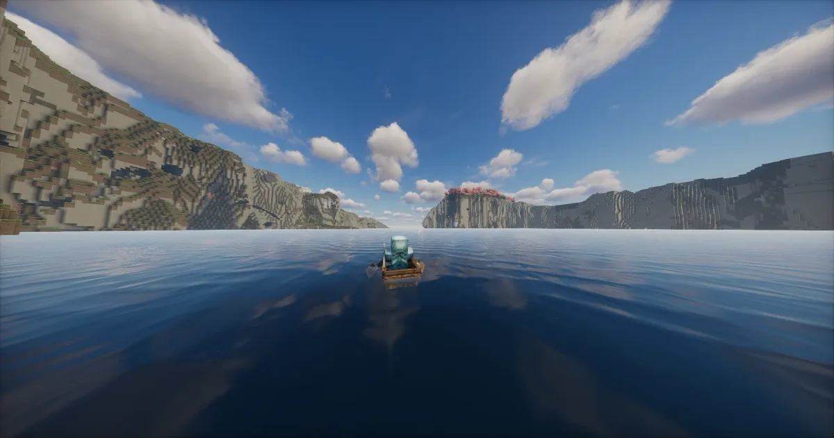 Boat in a fjord between cliffs, glassy water