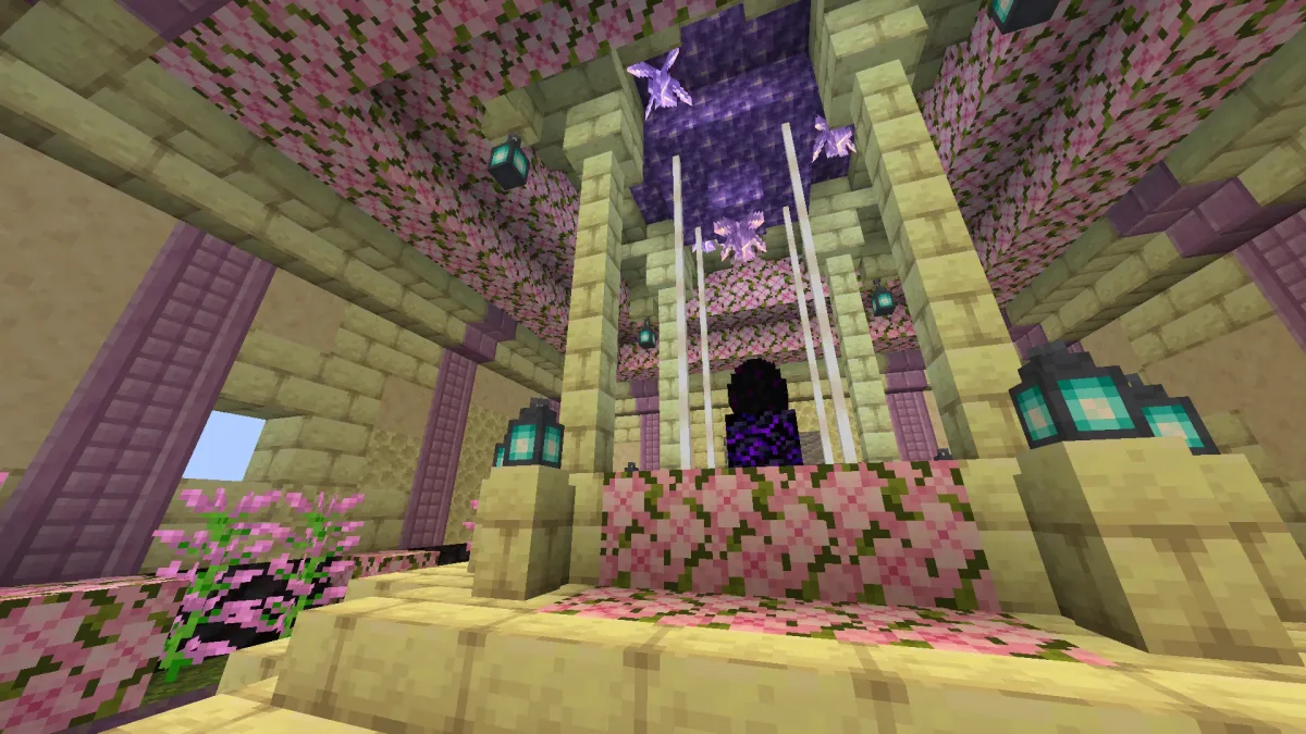 Cherry-blossom shrine around a dragon egg on obsidian