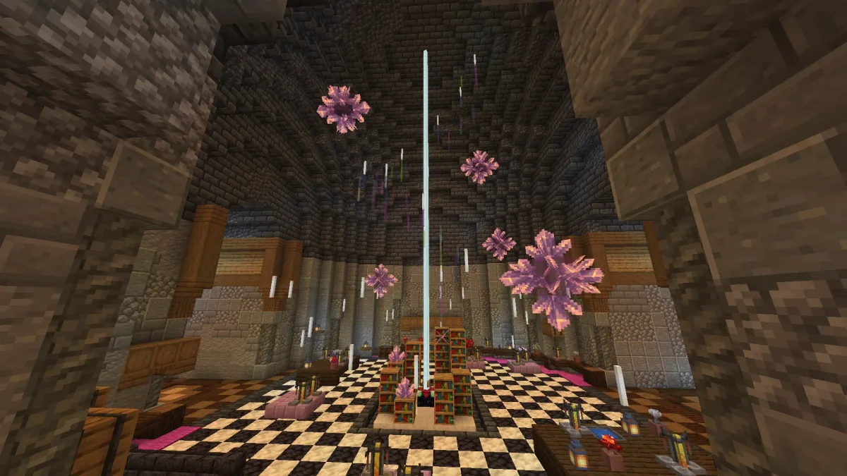 Amethyst-lit library hall with checkered floor