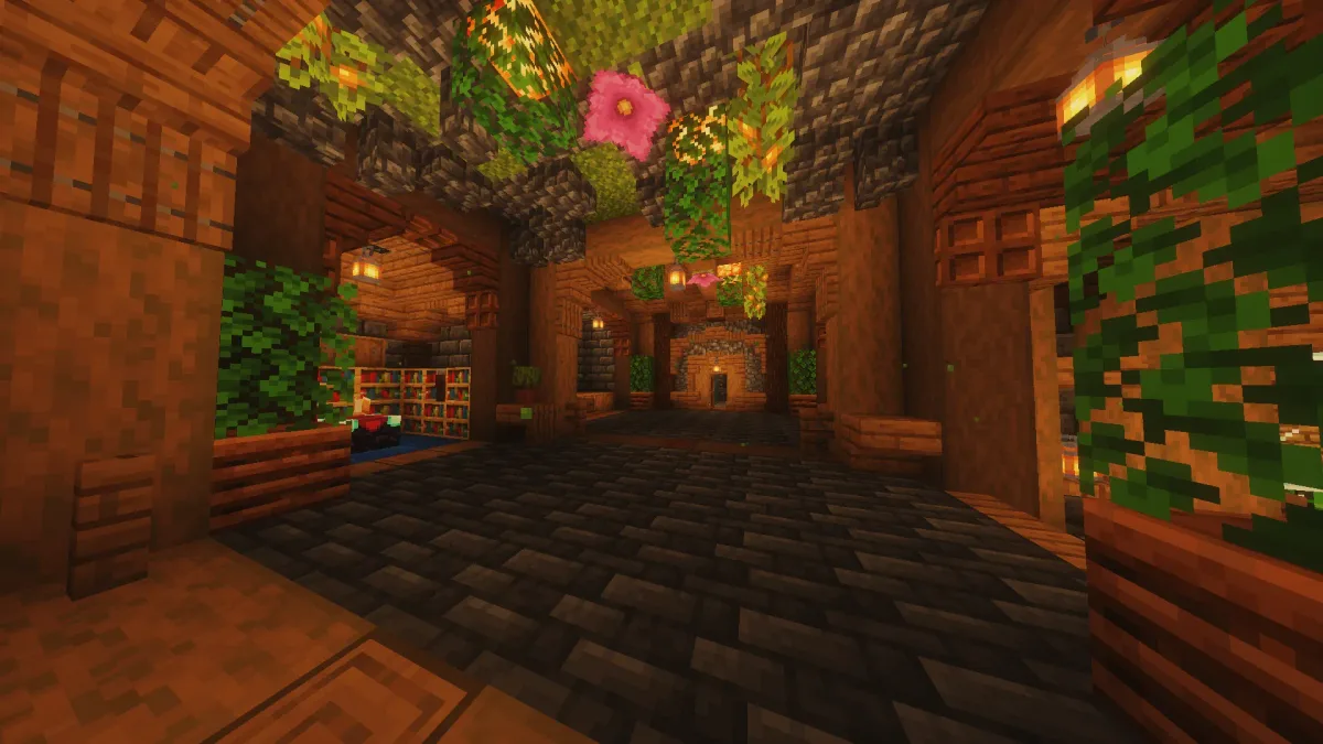 Warm wooden cave hall with flowers and moss