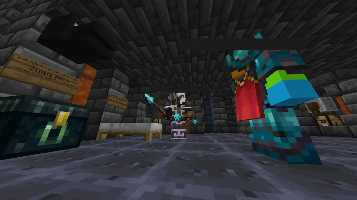 Two armoured players in a dark stone room, one in the foreground with a red cape