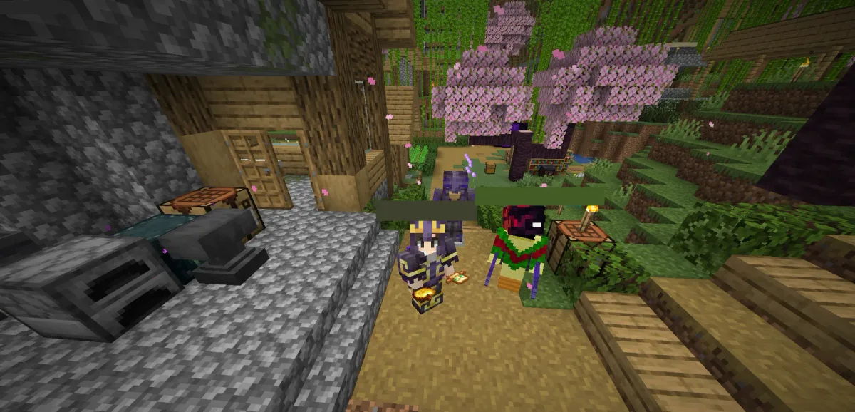 Two players meeting on a dirt path in a cherry-blossom village