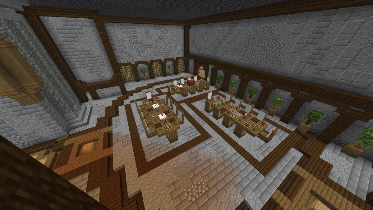 Half-timbered banquet hall interior from above