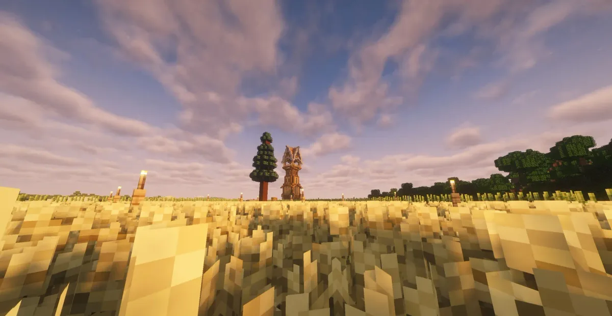 Wheat field with lone tower and spruce at dusk