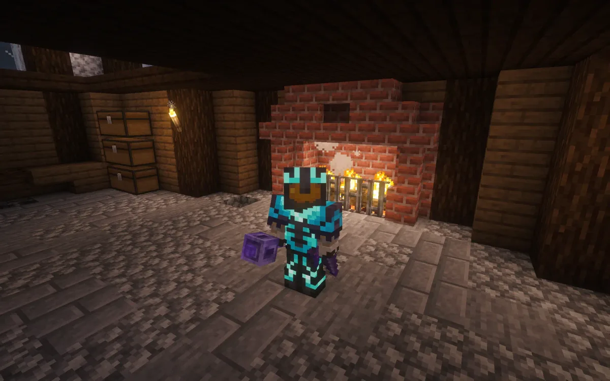 Player in diamond and netherite armour standing by a brick fireplace in a cabin