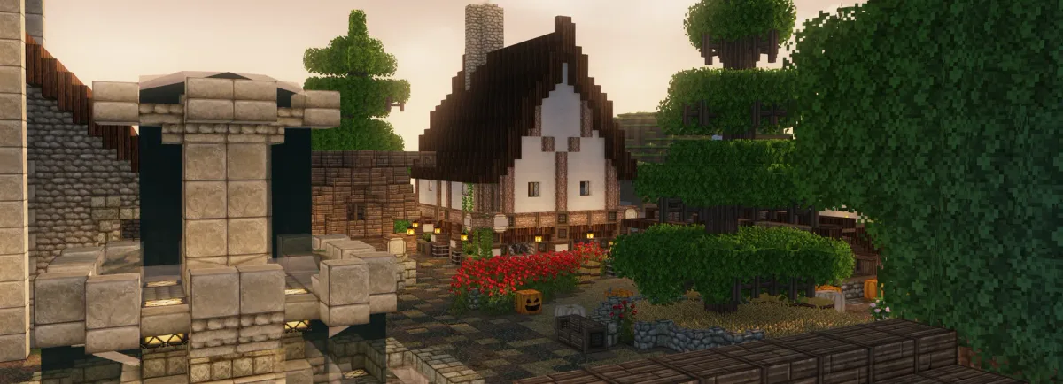 Timber-framed village street at golden hour