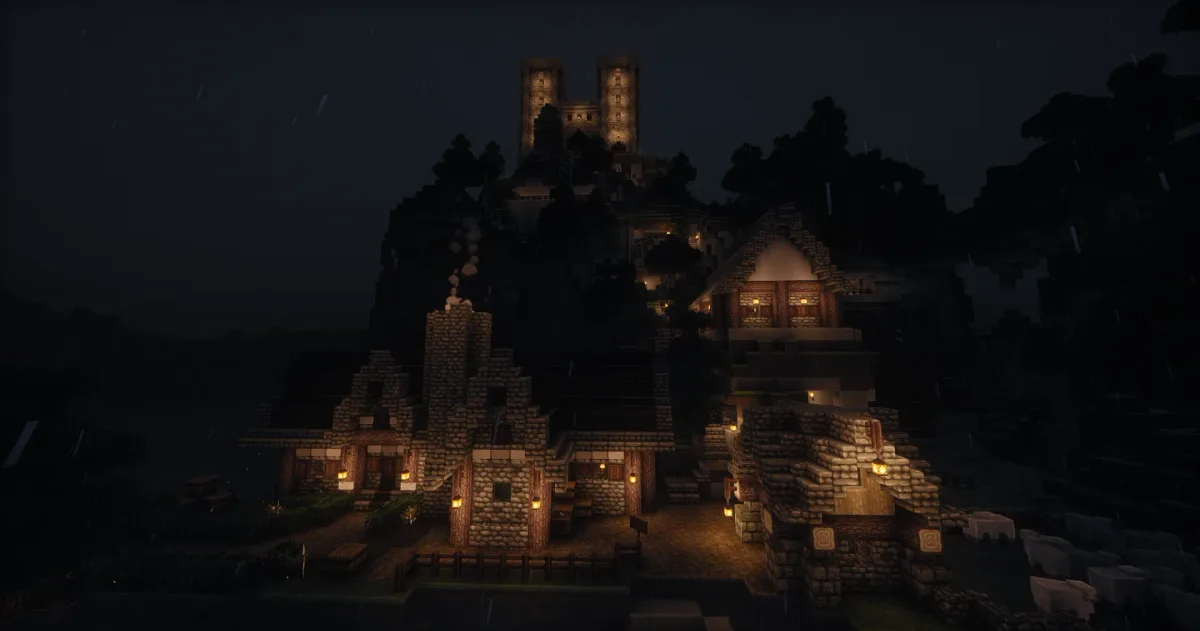 Cathedral hill village at night in rain