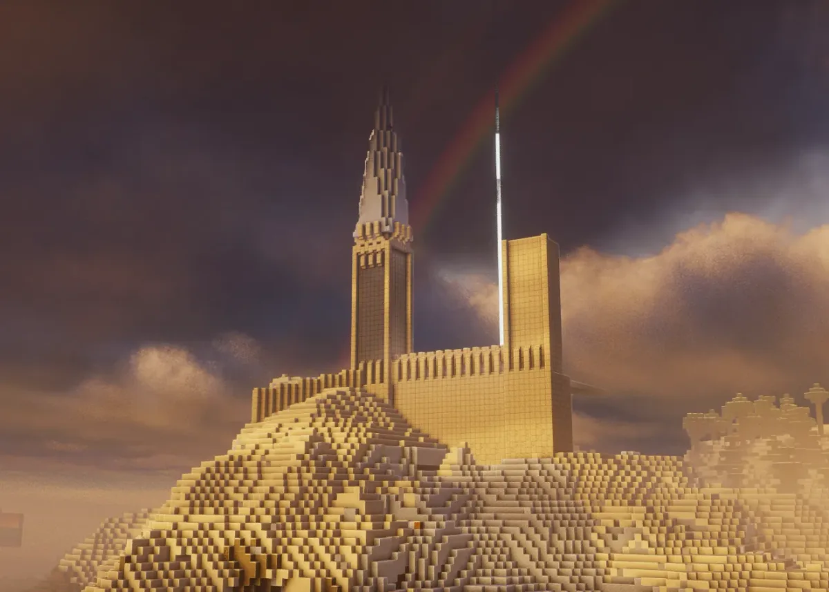 Sandstone castle with spire on a mountain, rainbow